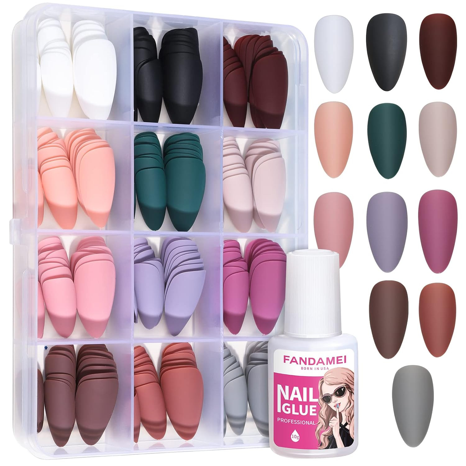 288PCS Matte Press On Nails, Medium Almond Full Cover Fake Nails with 7g Glue