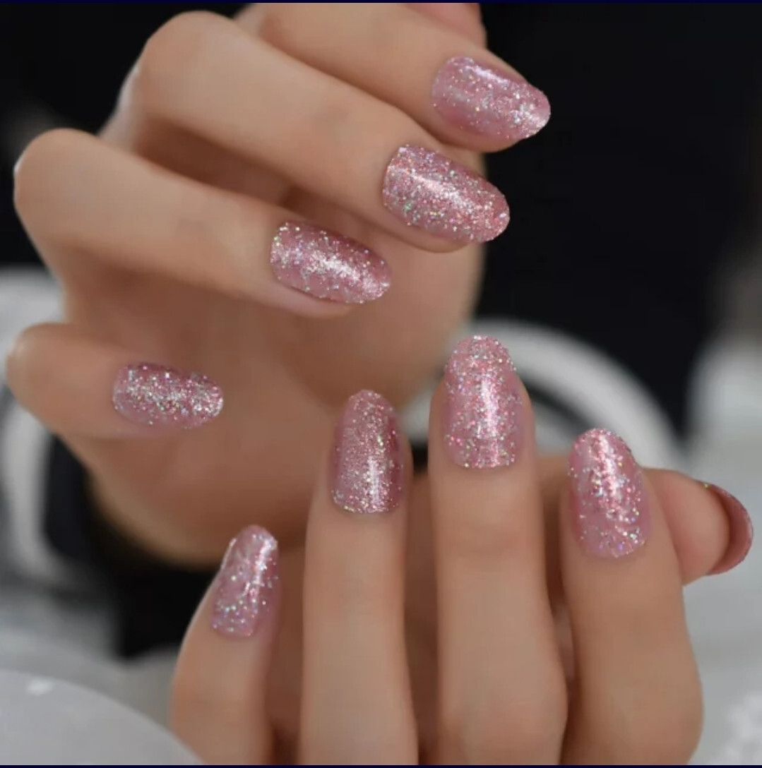 24 Short Press on nails kit w glue rose gold pink almond glitter