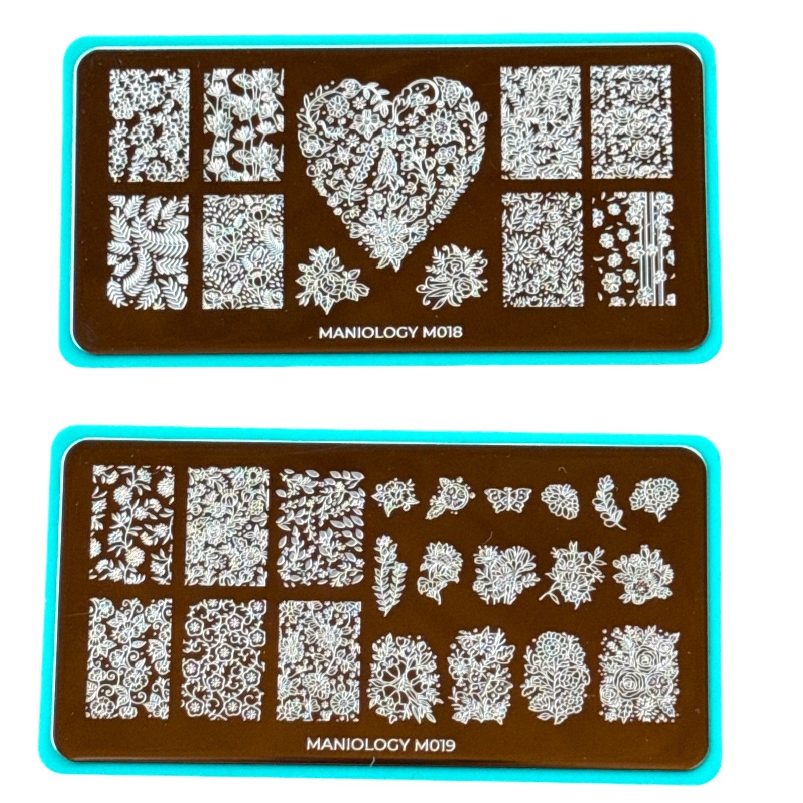 Maniology Nail Stamping Plate M018 M019 Floral Botanical Heart Butterfly 2pc Set