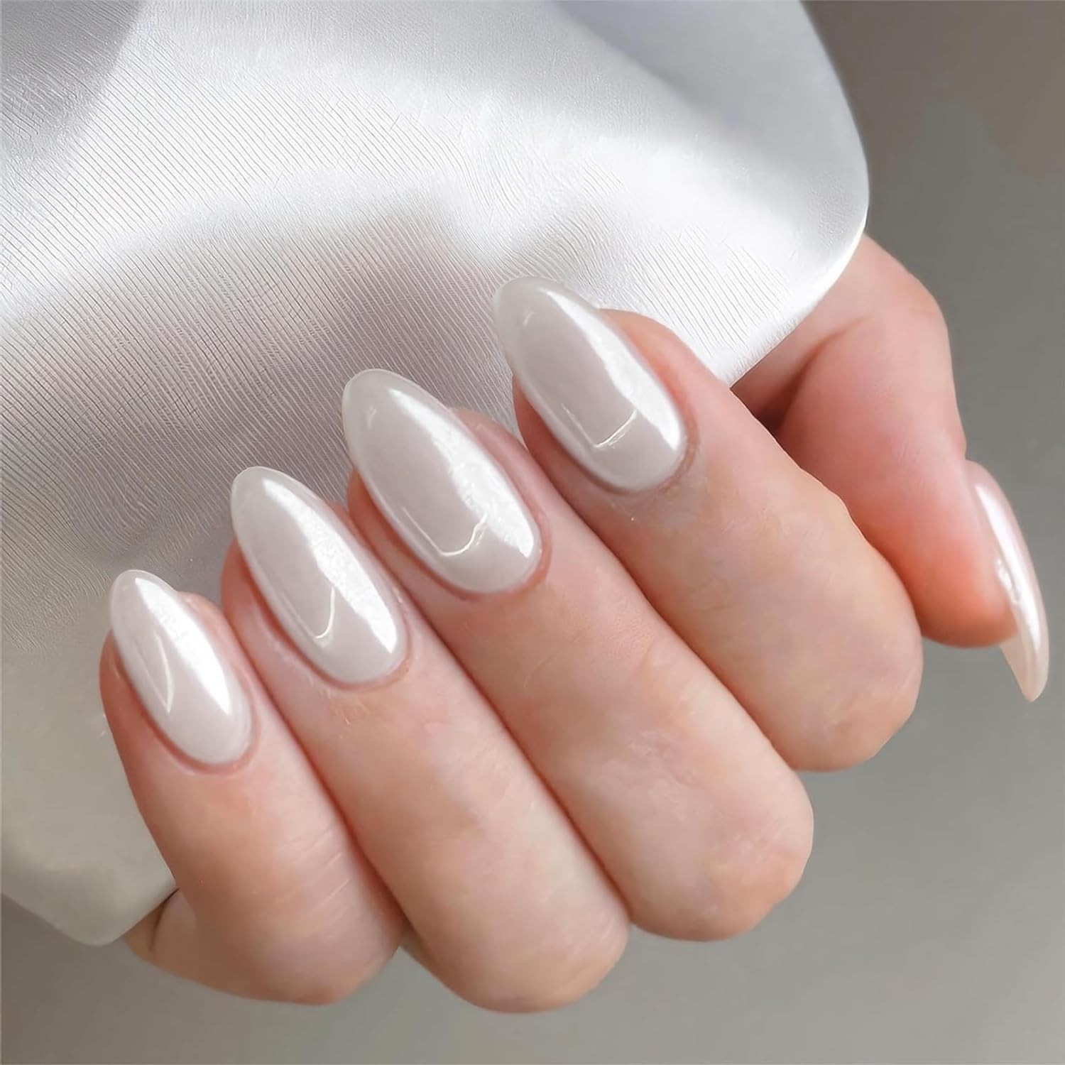Translucent Pearl White Chrome Press on Nails Medium Long almond pearl white