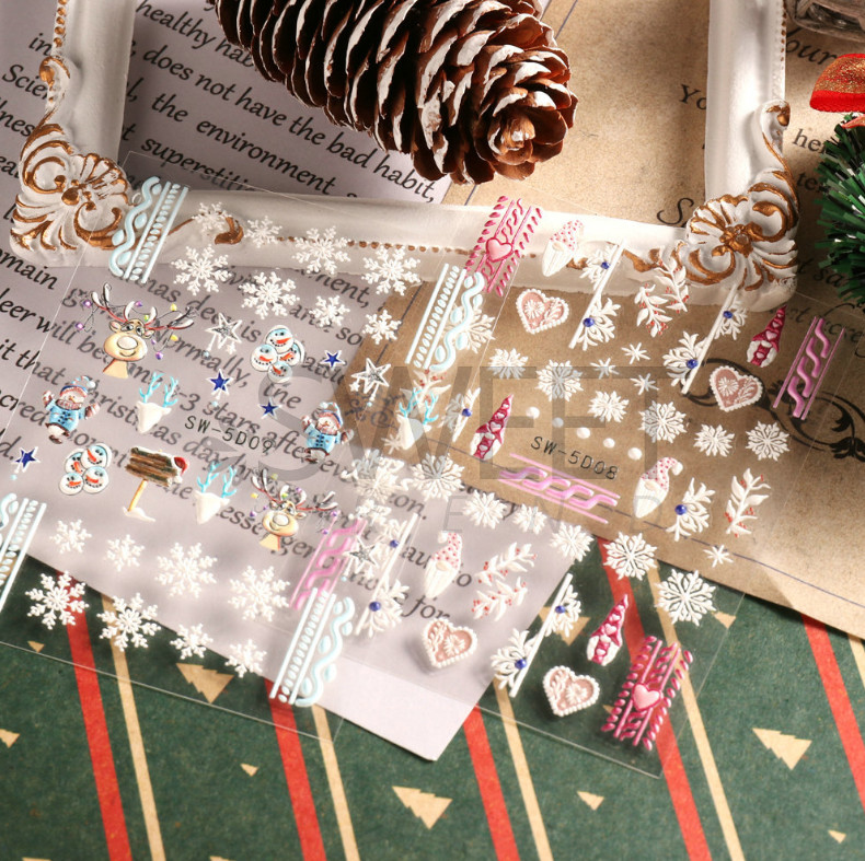 5D Embossed Pink Blue White Christmas Santa Heart Snowflake Nail Stickers Decals