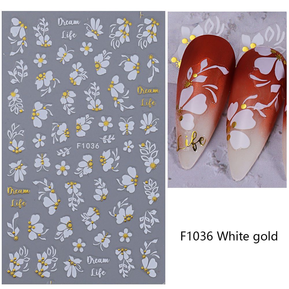 Gold White Flower Leaf Branch Dots Nail Sticker Flower Wreath Nail Decal