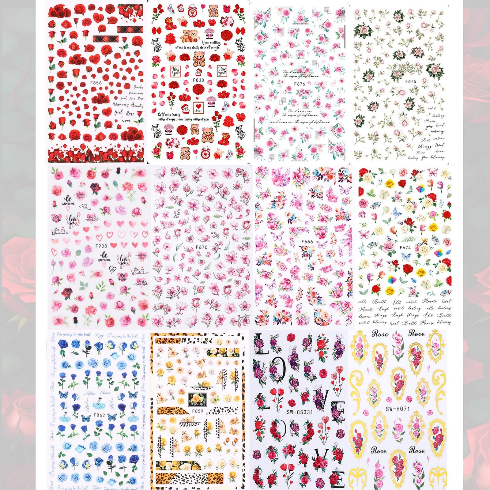 Rose Flower Nail Stickers Decals 12 PCS Romantic Red Pink Rose Nail Art Stick…