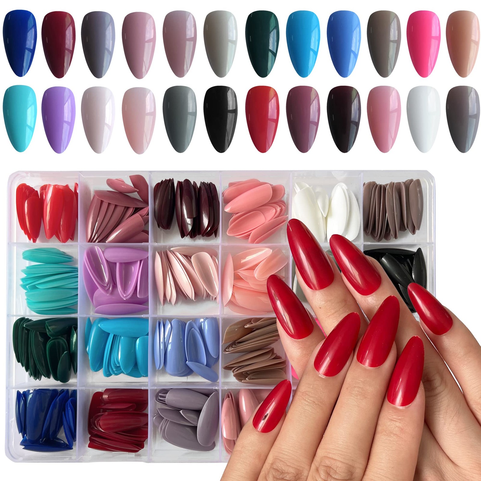 576pcs Almond Press on Nails Medium Fake Nails Full Cover Short Stiletto Nail…
