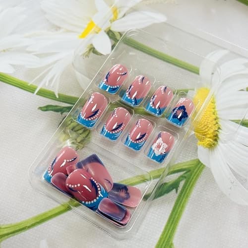 Press on Square Nails – Short Length Glossy Full Cover – Blue, French, Floral