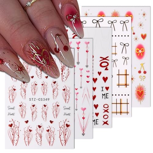 5 Sheets Valentines Nail Art Stickers Decals 3D Self Red Love Heart Nail Decals