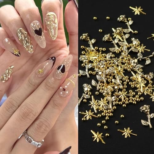 1Bag Metallic Rose Flower Star Nail Art Charms 3D Gold Beads Colorful -20
