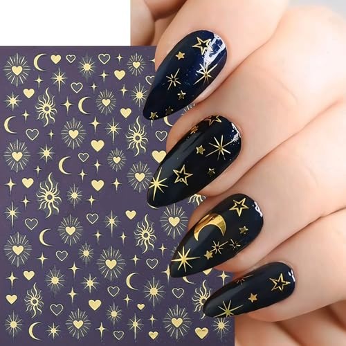 6 Sheets Gold Star Nail Stickers for Nail Art 3D Self Adhesive Moon star moon