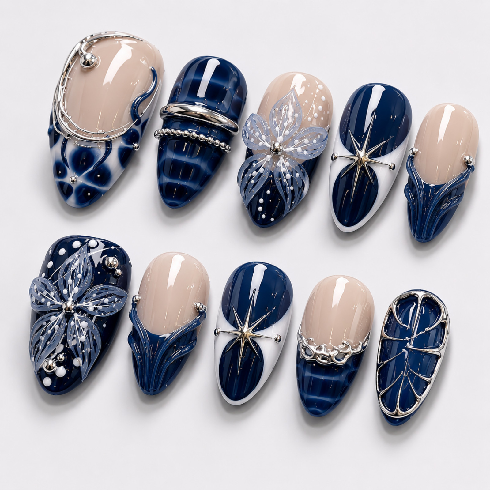 Handmade Navy Blue Nude 3D Floral Press On Nails Silver Chrome Set