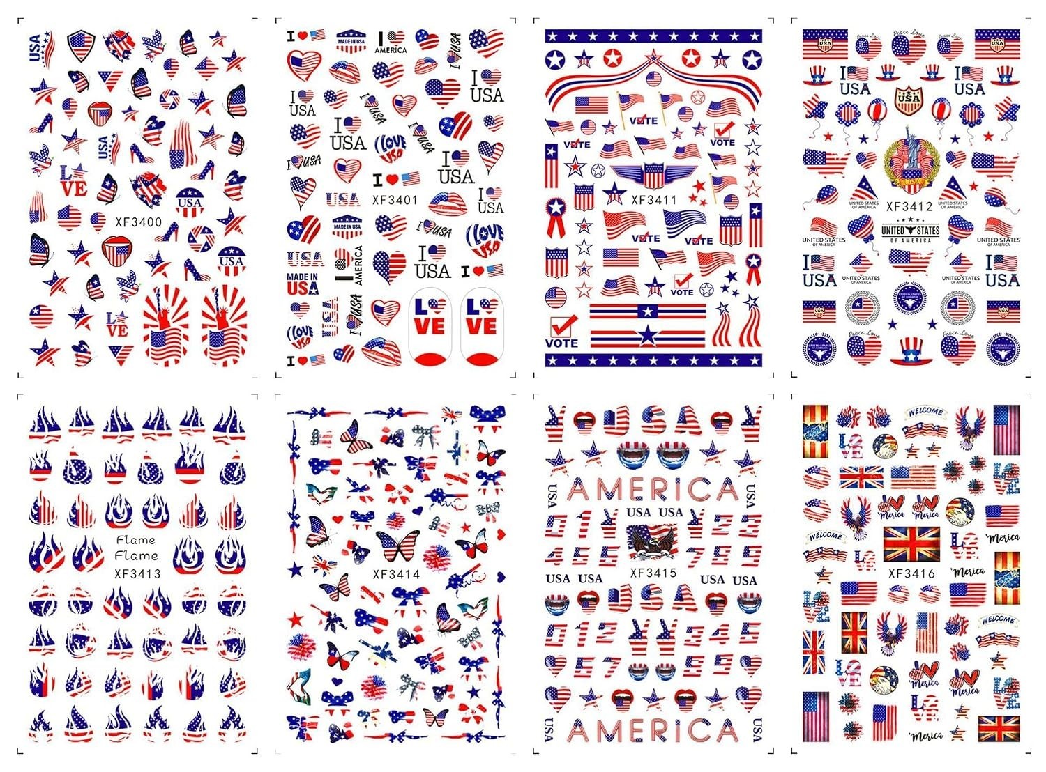 8Sheets 4th of July Nail Art Stickers Decals Red Blue White American Flag 3D …