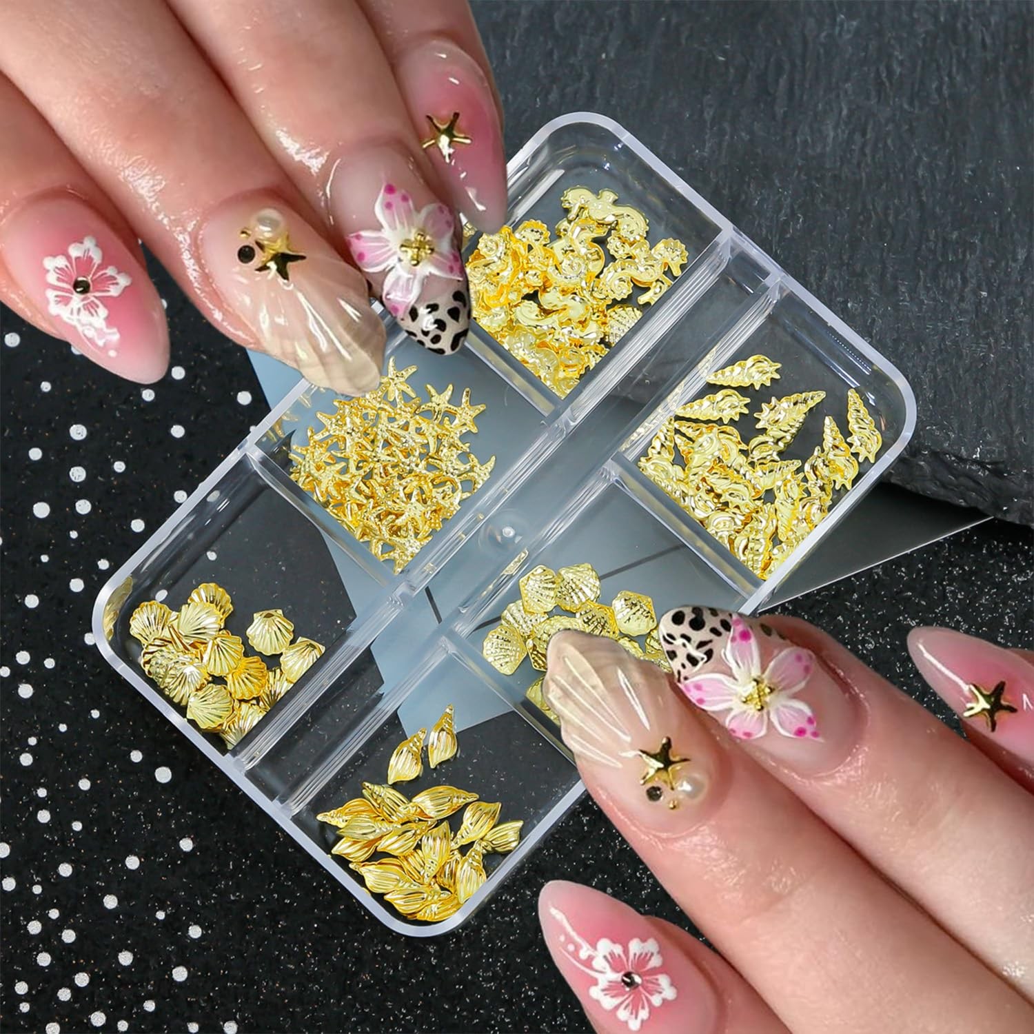 6 Grids Beach Nail Charms Gold Conch Shell Nail Rhinestones 3D Conch Seahorse…