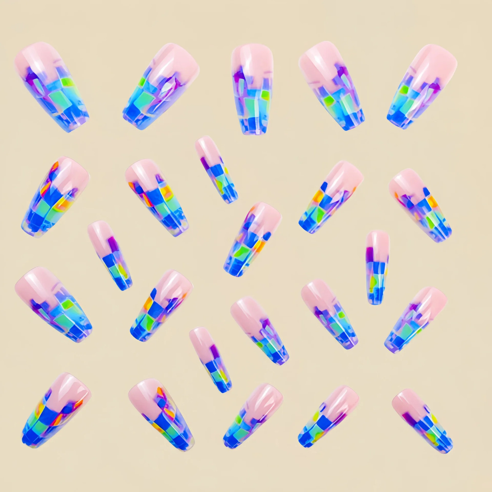 Strip Grid Print French Ballet Shape Medium Long Full Cover Press On Fake Nails