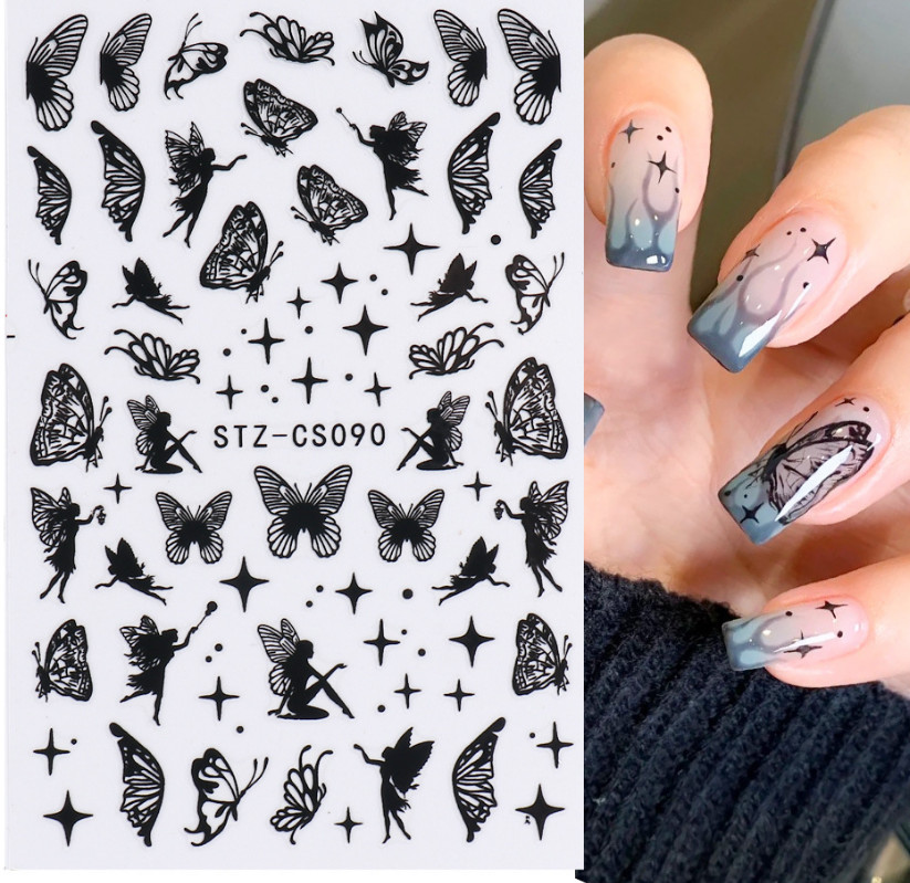 3D Holographic Black Butterfly Abstract Face Line Nail Stickers Decal DIY NS7