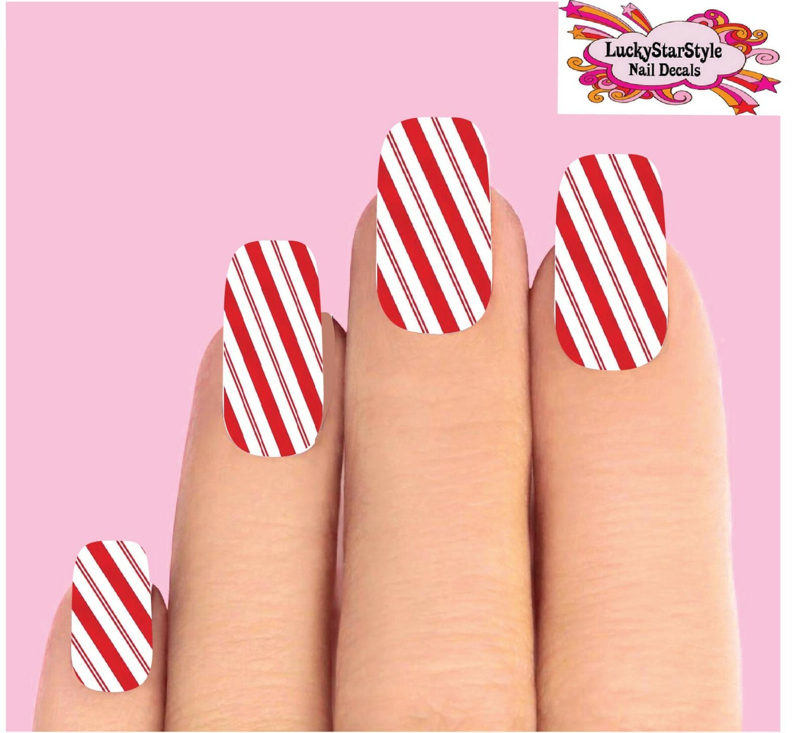 Waterslide Full Nail Decals Set of 10 – Holiday Christmas Red & Clear Candy Cane