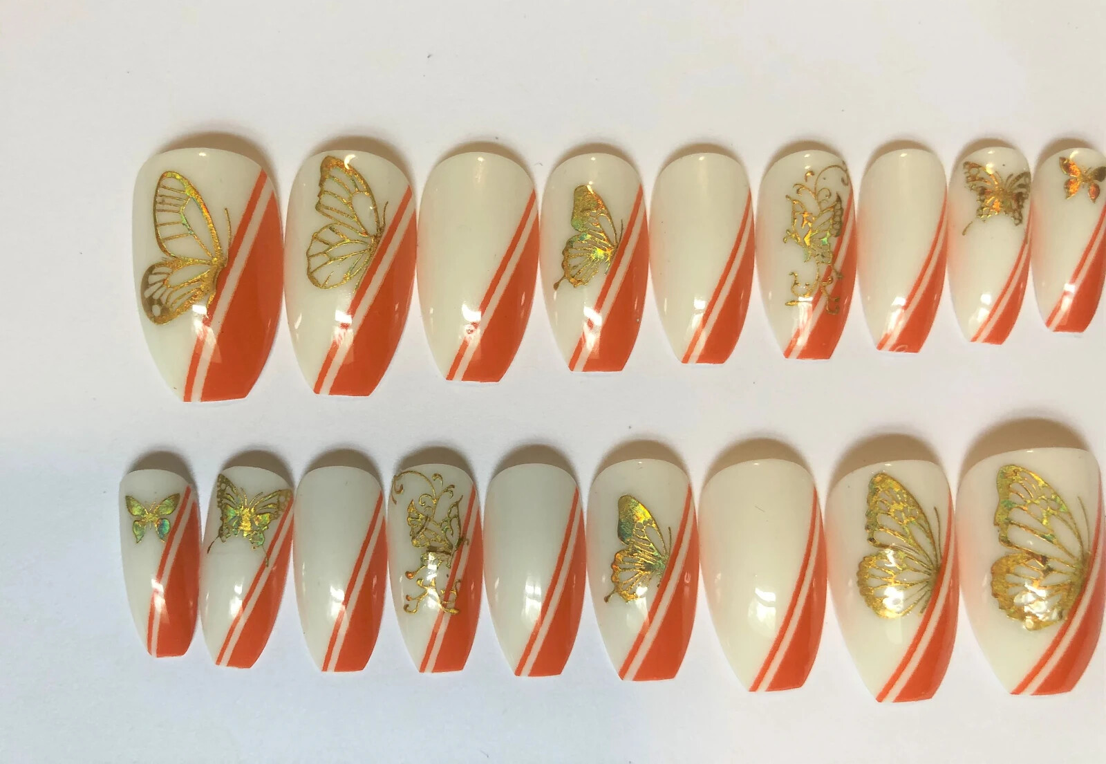 White and Orange with Butterflies Press-On Nail Set – Long Ballerina (Size 0-8)