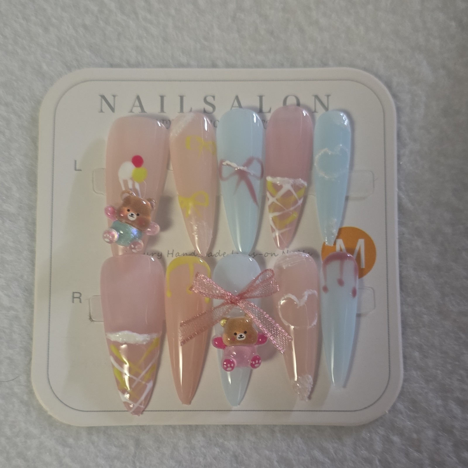NAILSALON Long Stiletto Pink Blue 3D Teddy Bear Full Cover Press-On Nails #11