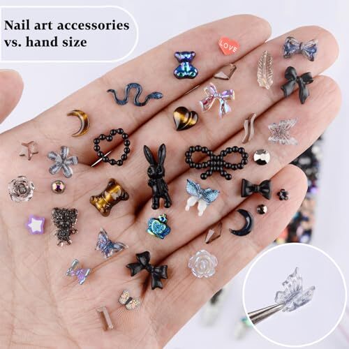 850 Pieces 3D Butterfly Rose Flower Bow Rabbit Bear Nail Charms Kit with Black