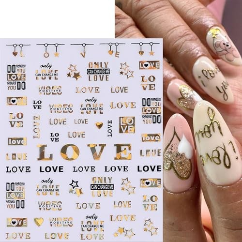 6 Sheets Valentines Heart Nail Art Stickers Black Gold Heart-Shaped 3D heart