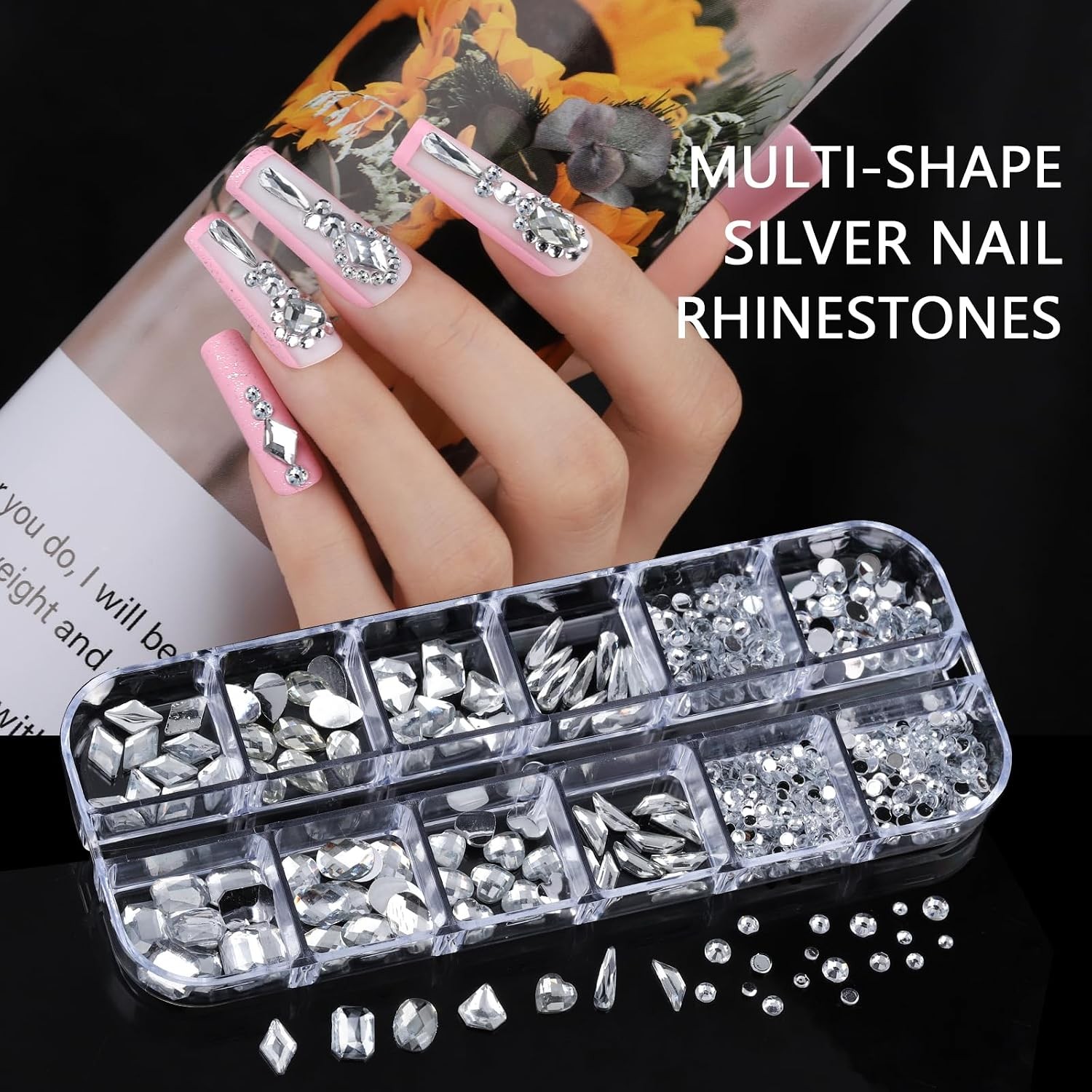 Teenitor Silver Nail Charms & Gems Kit: Y2K, Rhinestones, Stickers, Pearls