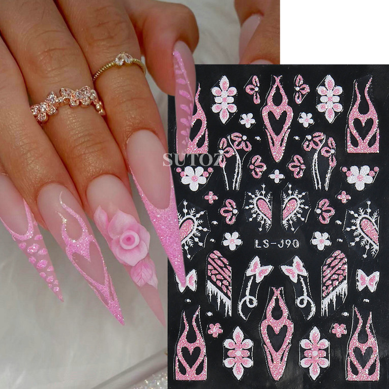 Pink White Glitter 3D Nail Stickers Flower Star Flame French Transfer Decals NH6