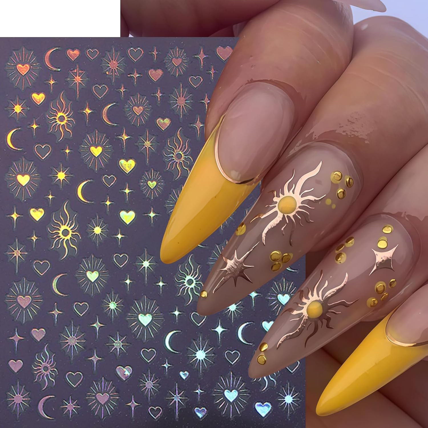 6 Sheets Gold Star Nail Stickers for Nail Art 3D Self Adhesive Moon Heart Nail A