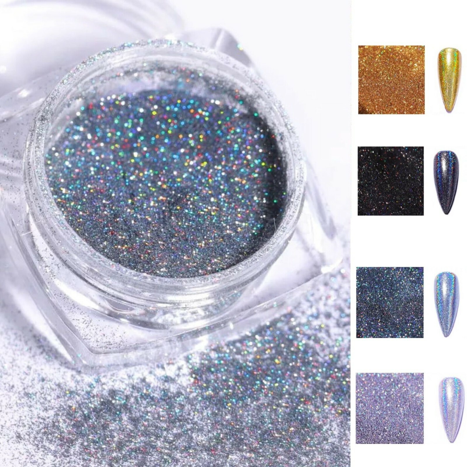 Holographic Nail Glitter Powder 4 piece SET Silver Grey Black Gold Unicorn Laser