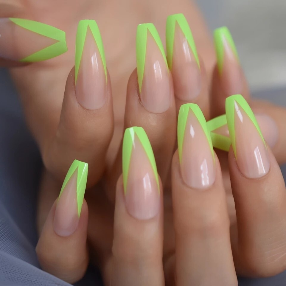 24 Nude French rim neon green border press on nails kit glue v shape