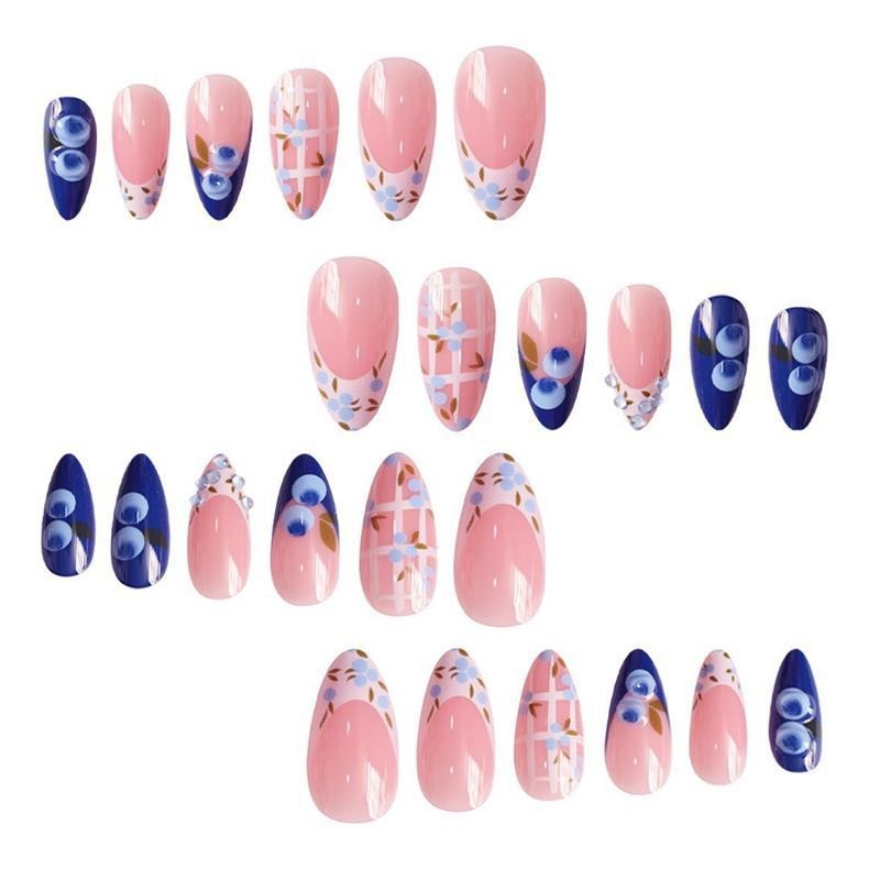Sweet Almond False Nails Cute Blueberry Plaid Design Press on Nails Wholesale
