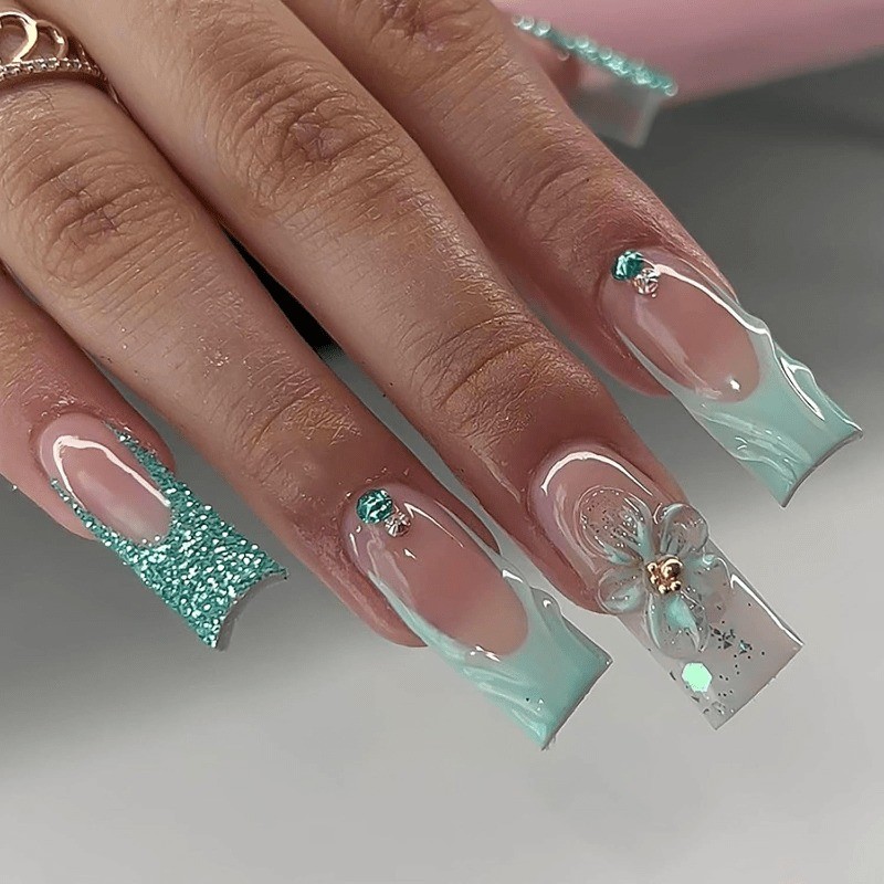 48 Pcs of Fresh Mint Green 3D Flower Handmade Fake Nails – Removable Fake Nail