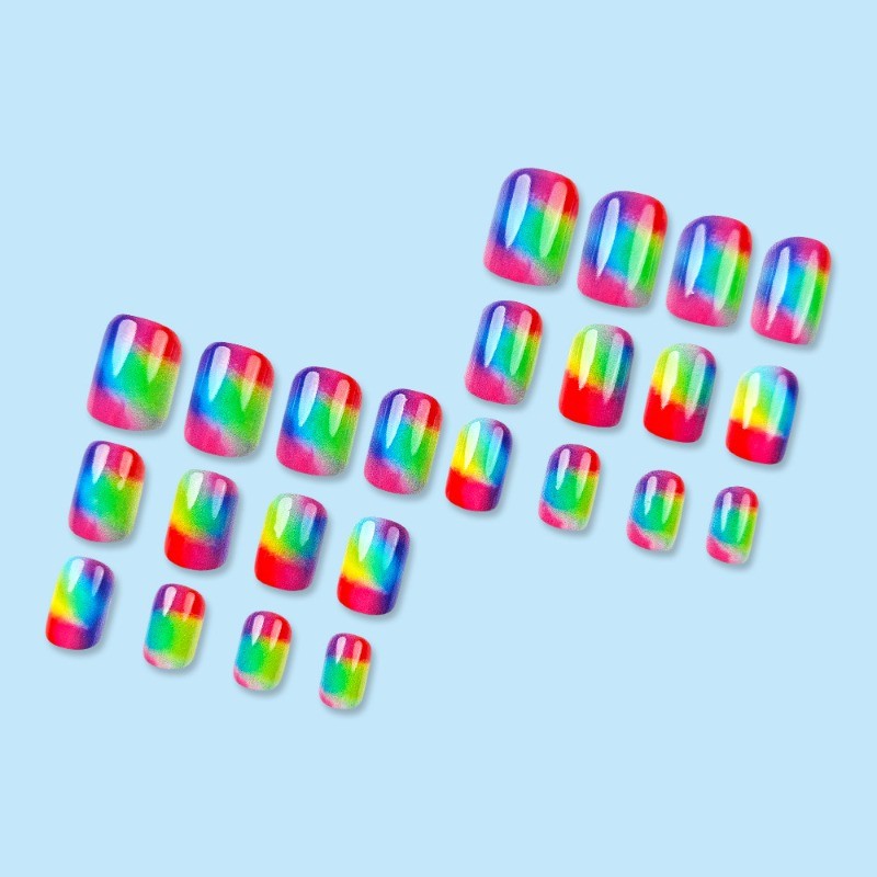 48pcs-Short Square Fake Nails, Bright Rainbow Ombre for Summer & Pride Events