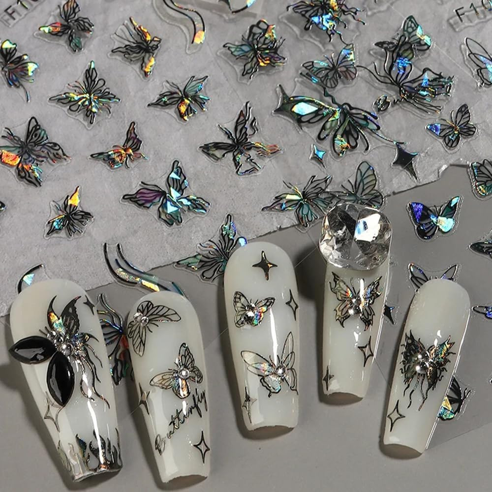 8Pcs 3D Laser Black Butterfly Nail Stickers for Women Holographic Butterfly Nail