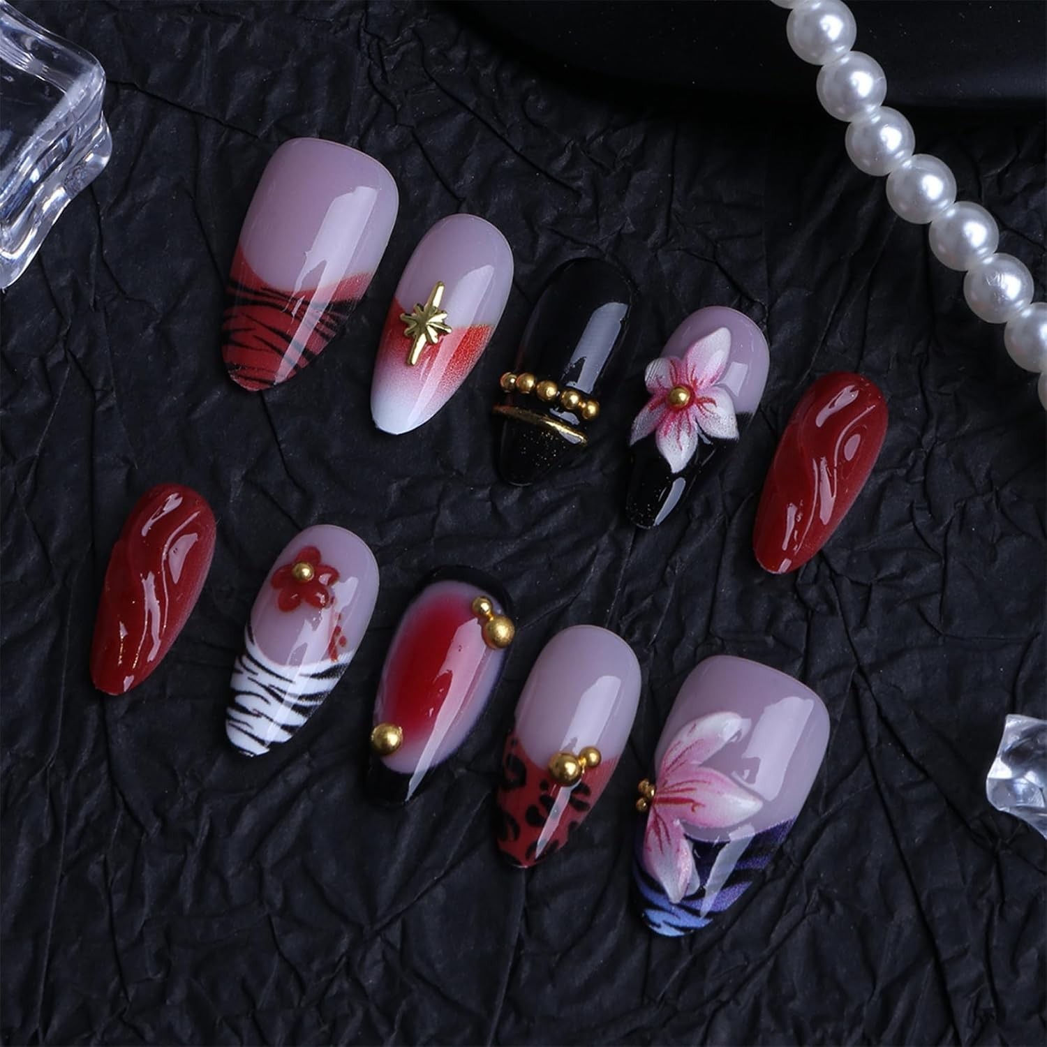 Almond Press on Nails Long Fake Nails Red Artificial Nail Black French Pink F…
