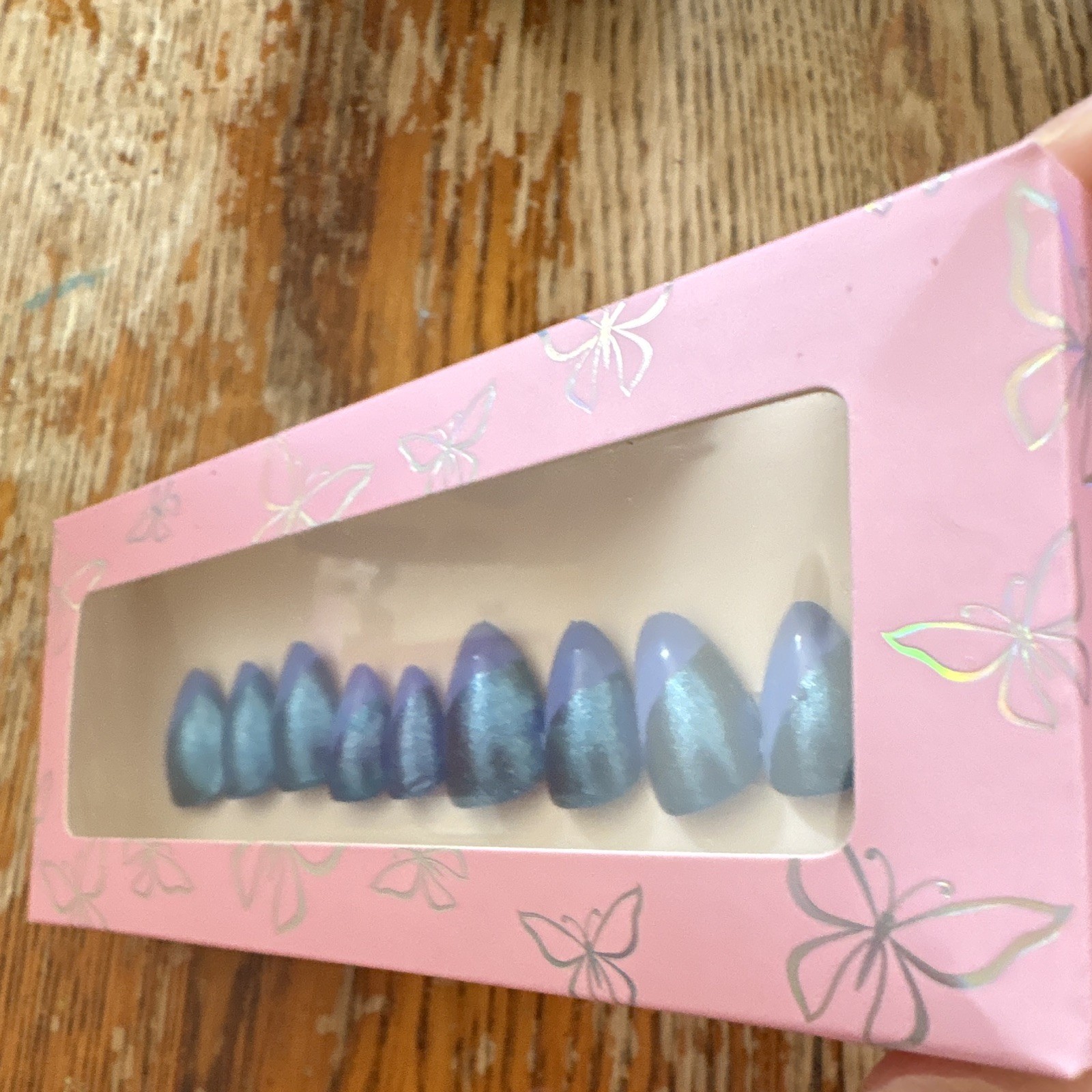 Blue Shimmer Ombre Pre-Designed Full Cover Almond Press-On Nails short