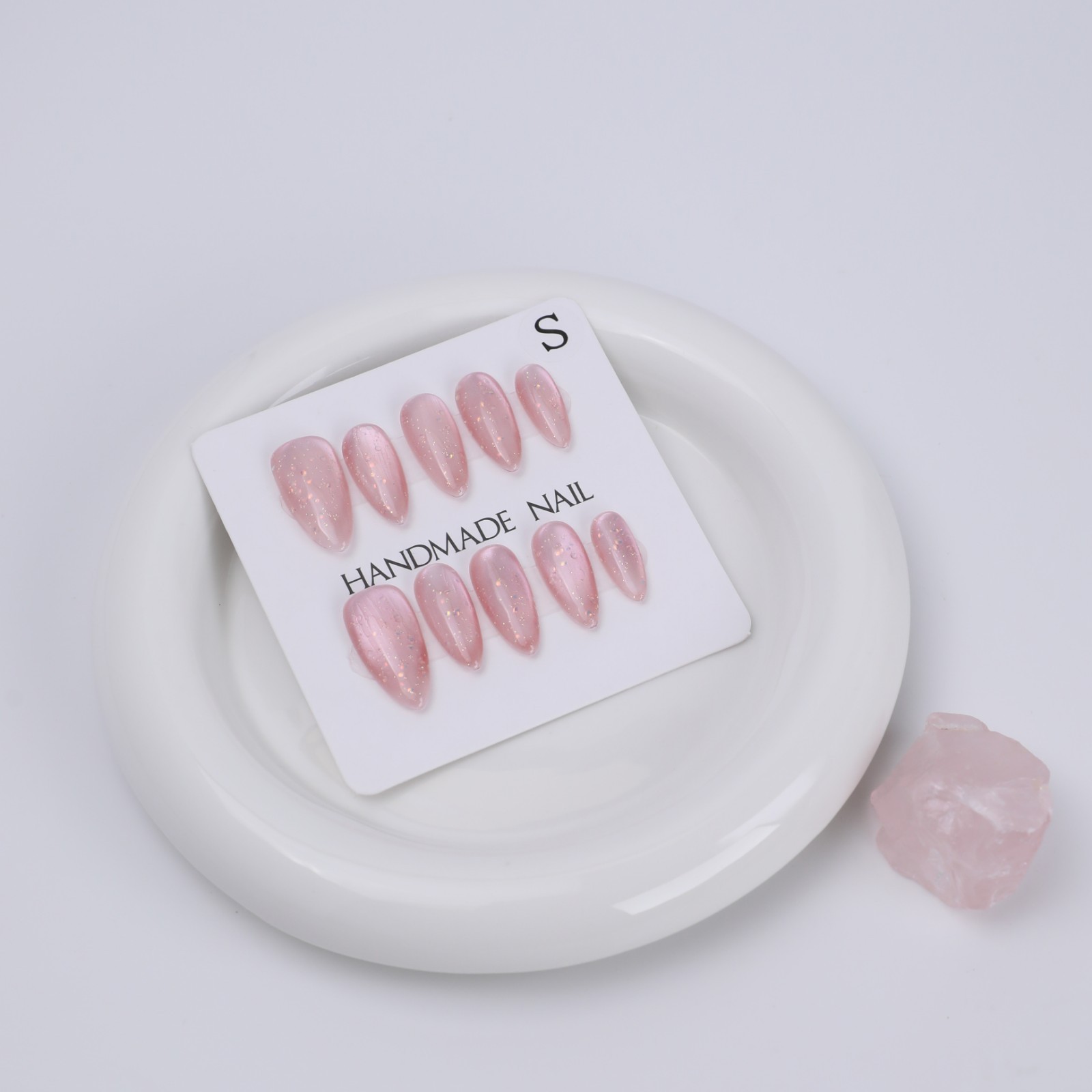 Sakura Pink Cat Eye Almond Press On Nails – Gold Foil Glitter Bridal False Nails