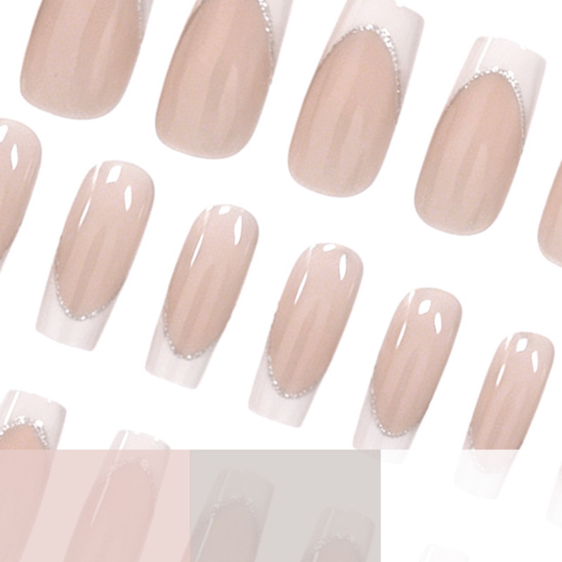 48pcs Short Taper Press on Nails, Nude White French Silver Glitter Casual Nails