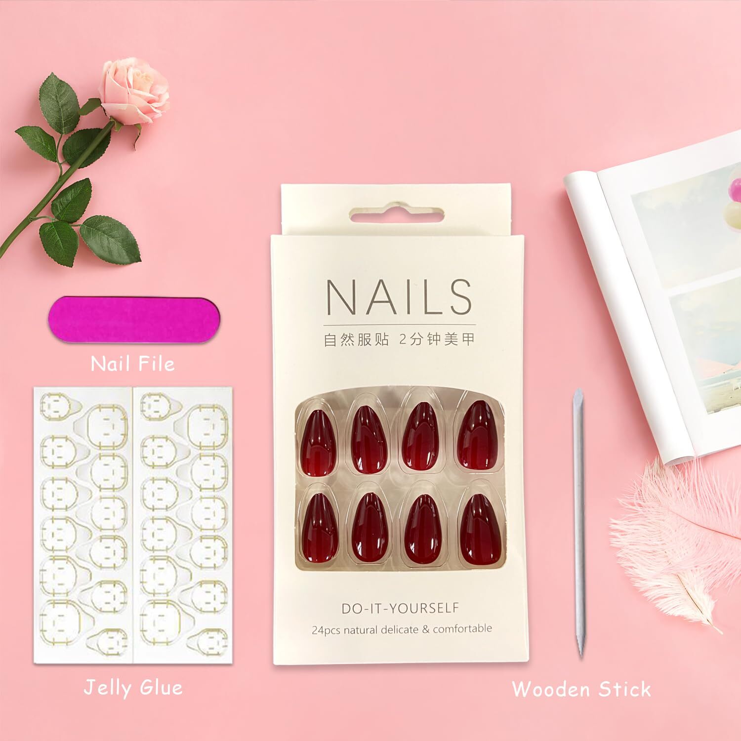24× Wine Red Solid Color Fake Nails Reusable Medium Almond Press on Nails Glossy