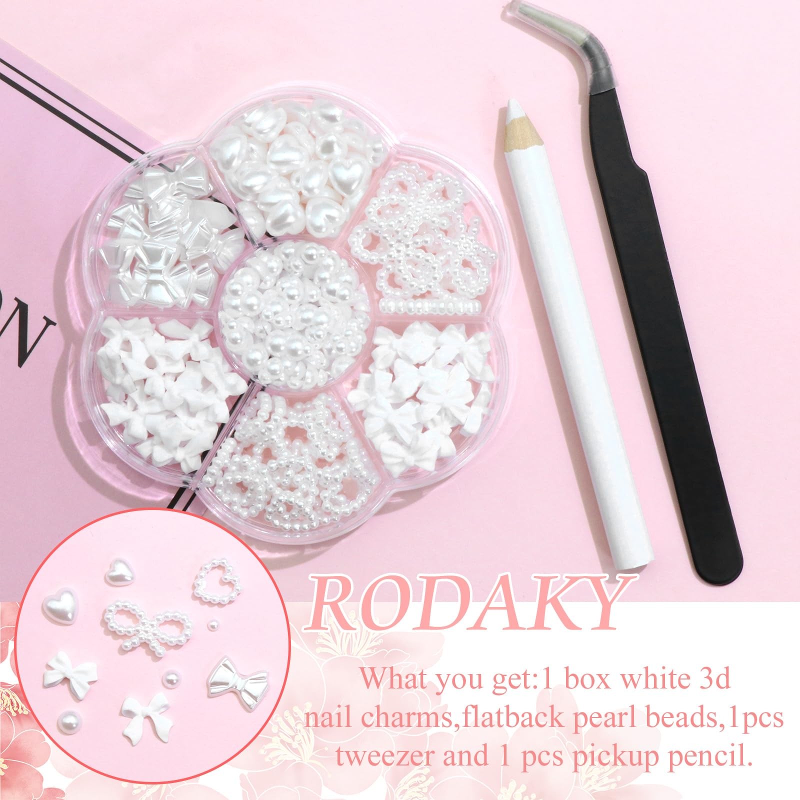RODAKY Bow Nail Charms White Heart Charms for Nail 3D Bowknot Nail Art Stud Flat
