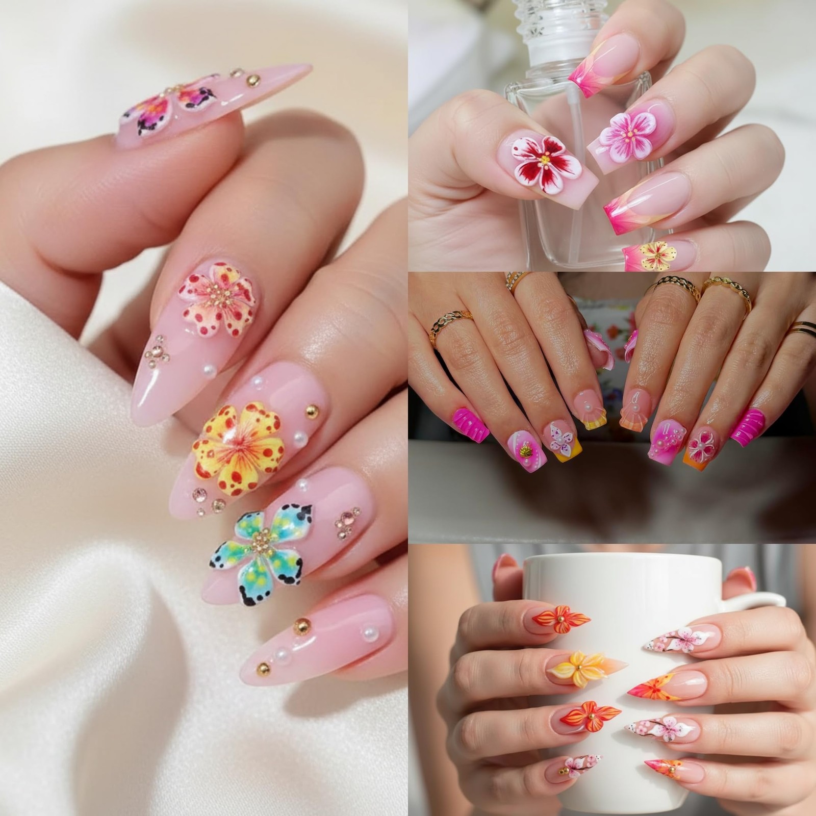 Flower Nail Stickers for Nail Art, 5D Embossed Hibiscus Nail Decals Pink White L
