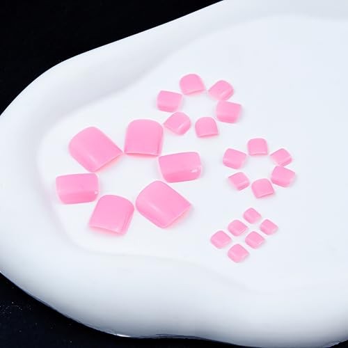 24 Pcs Press on Toenails Short Square Fake Toe Nails Baby Solid Color Hot Pink