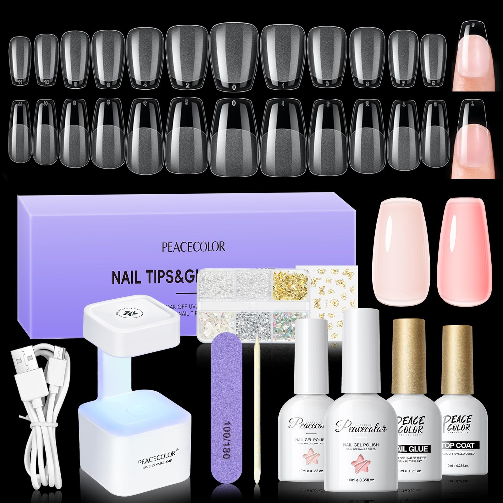 Gel Nail Kit, 240Pcs Short Medium Coffin Nail Tips with U V Lamp 2 Colors Jel…