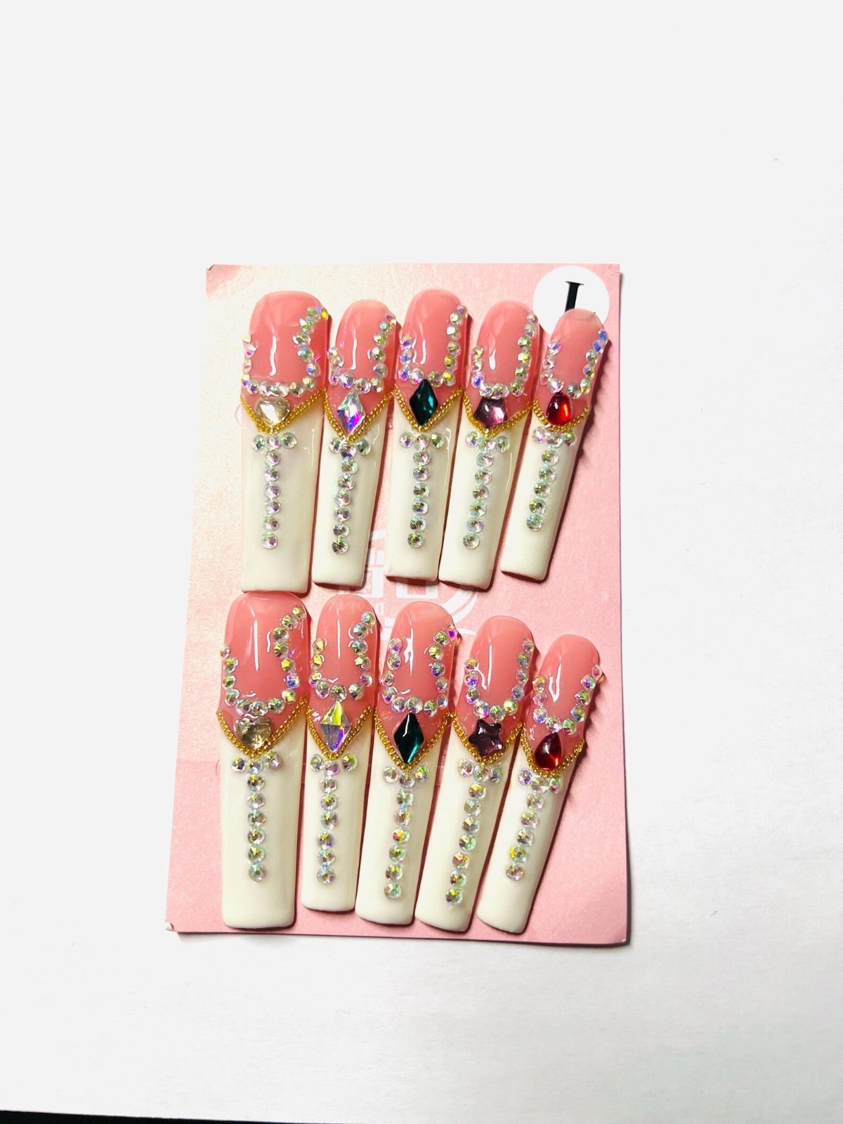 Extra Long Square Pink / White Diamond Handmade Press-On Nails -10 pcs
