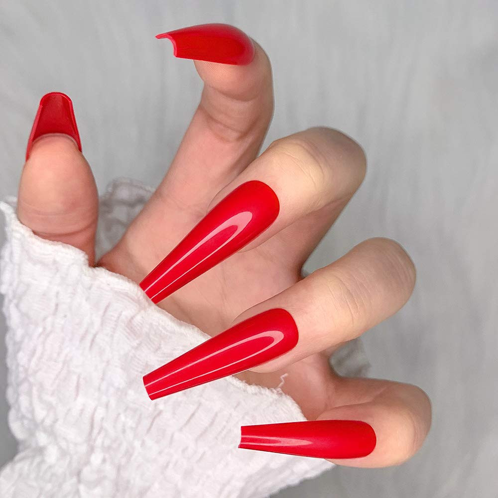 24pcs Red Coffin Press On Nails Long Glossy Fake Nails Manicure Set Acrylic Tips