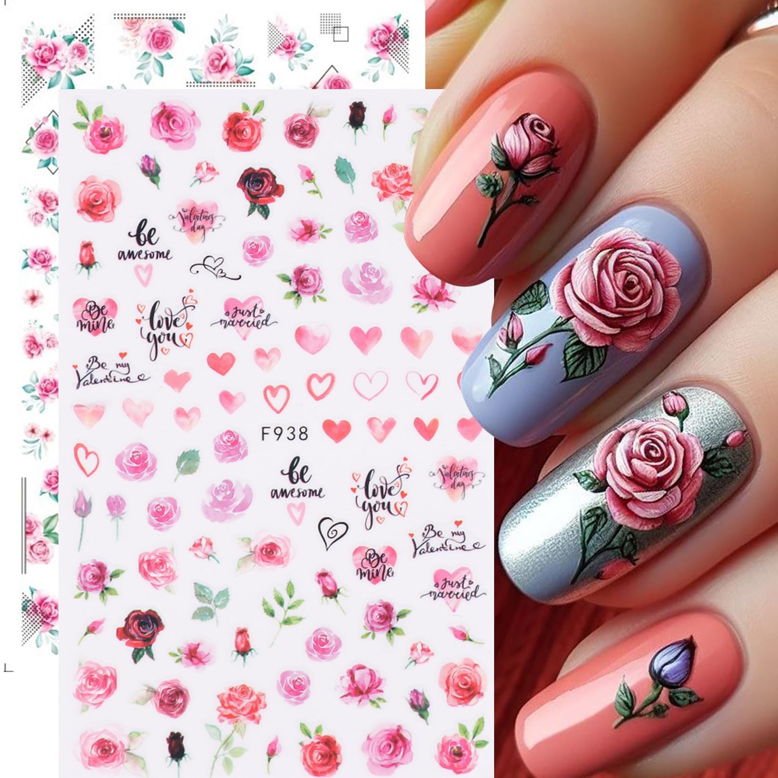 Rose Flower Nail Stickers Decals 12 PCS Romantic Red Pink Rose Nail Art Stick…