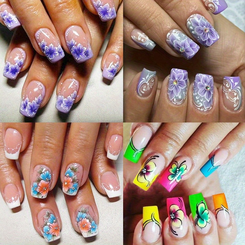 96pcs(4Pack) Trend Elegant Purple Floral Press On Nails Art for Wedding Party