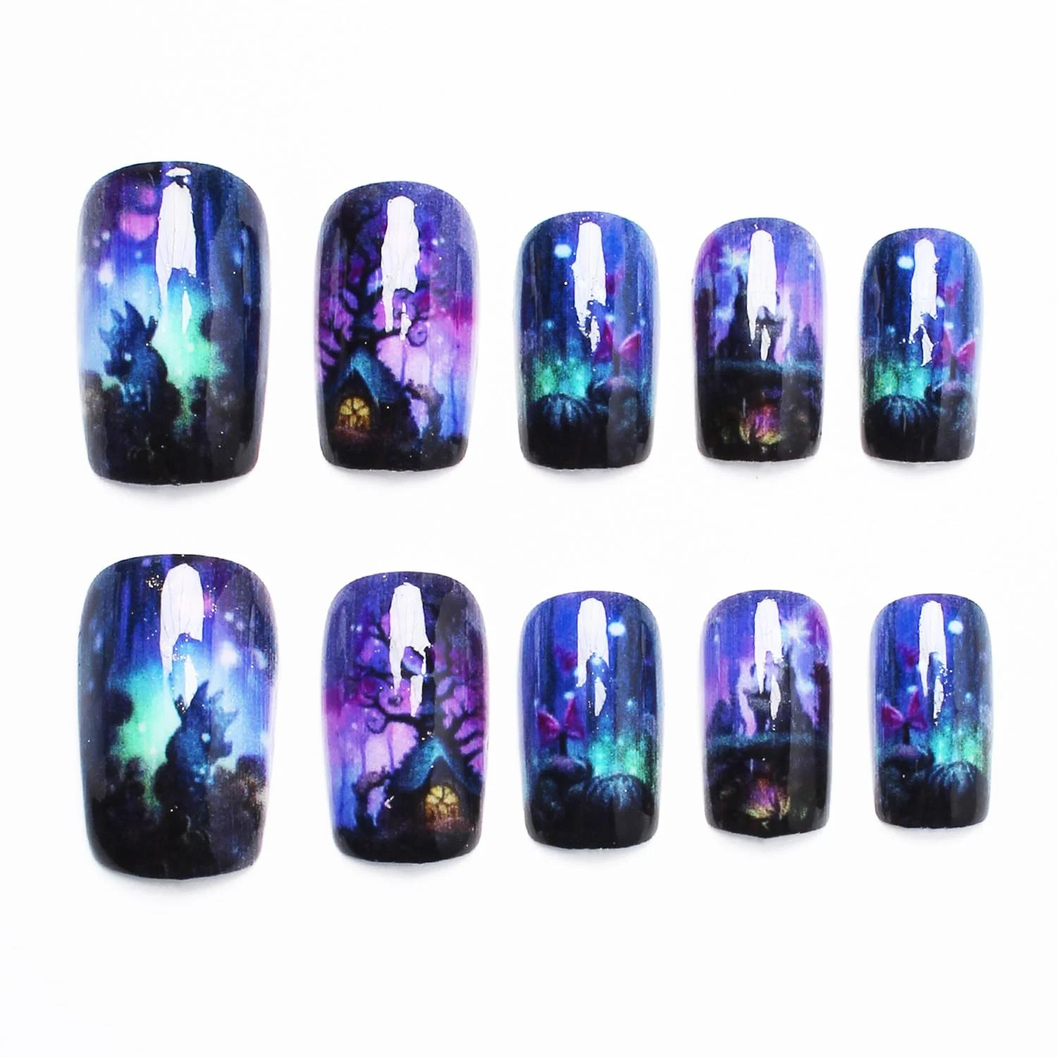 Halloween Press on Nails Medium Square Fake Nails Press Ons Purple Black False N