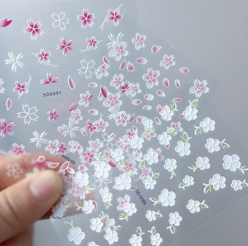 5D Nail Stickers White Pink Daisy Flowers Wedding Embossed Decal Nail Art NH27