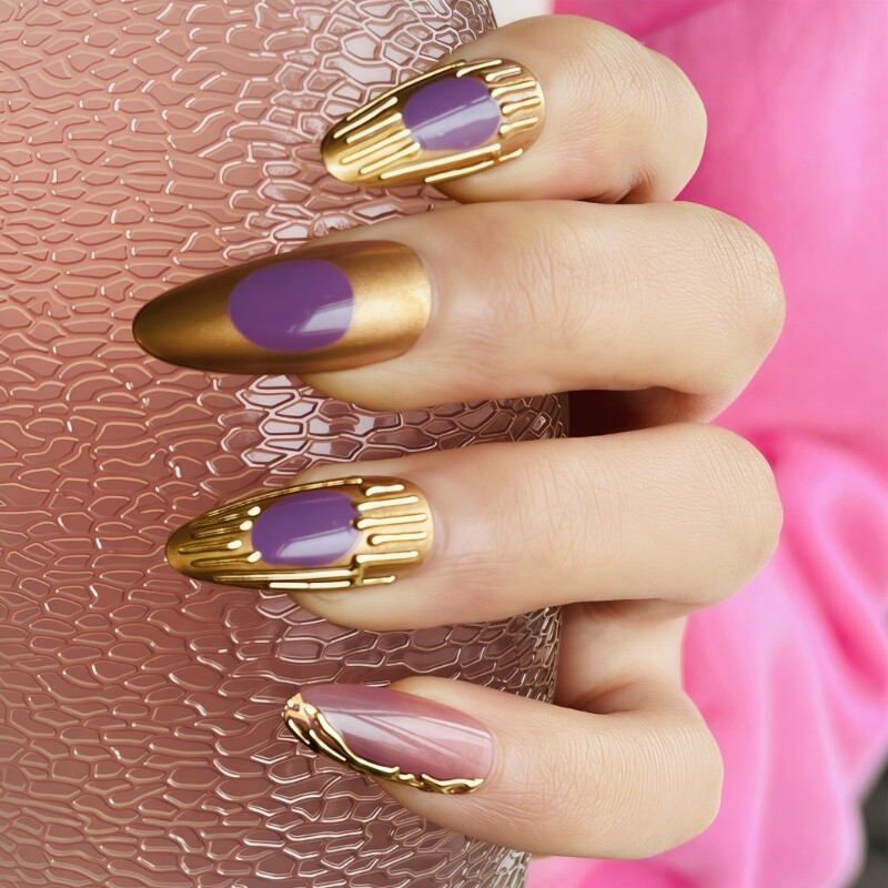 24pcs Artistic Almond Shape Press on Nail with 3D Designs False Nail for Women