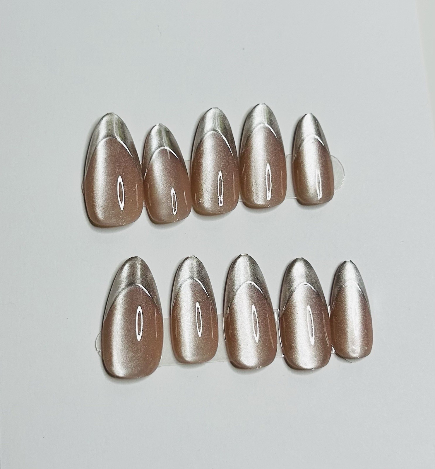 Lot of 2 Almond 10pc Handmade Cat Eye Pink And SilverPress-On Nails size *Medium