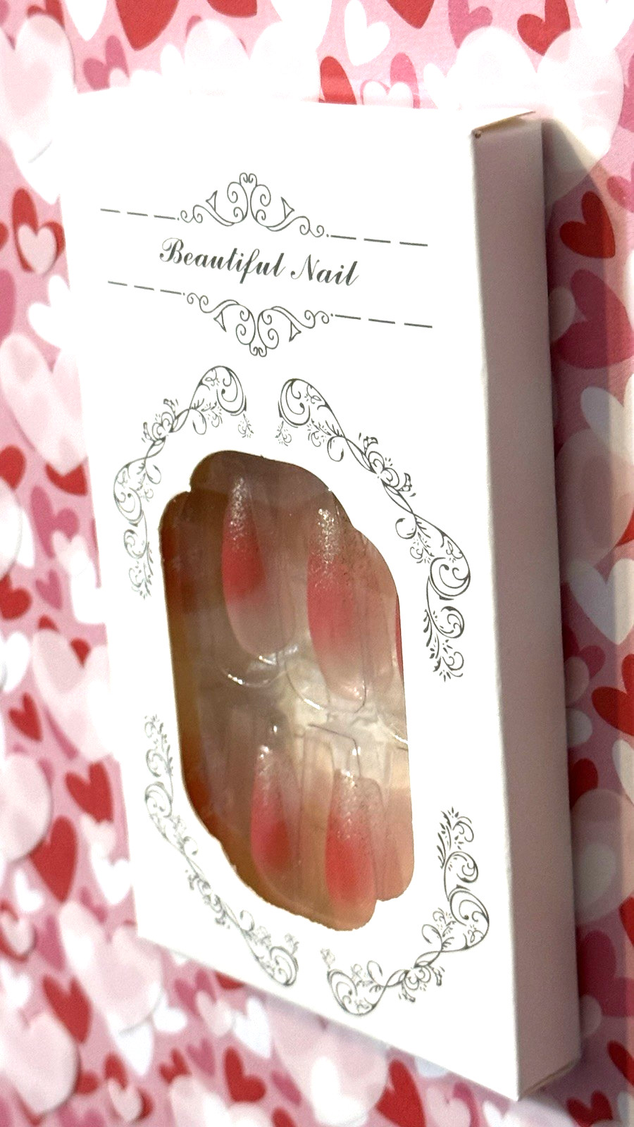 Beautiful Nail CLEAR with Pink & Gold Glitter Medium Coffin Press On Mani BOXED