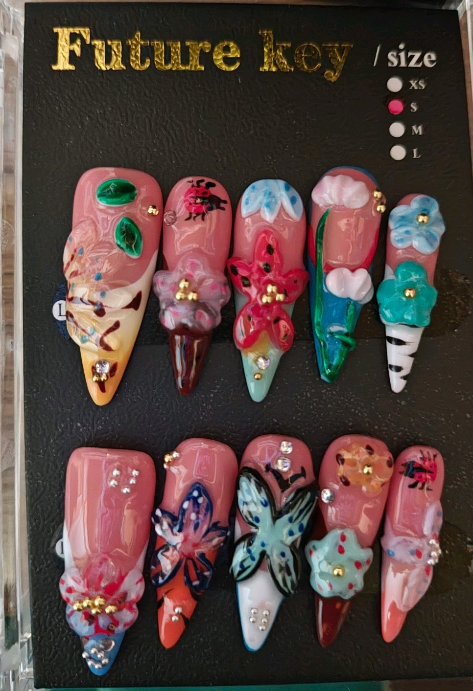 Future Key 3D Flower Pink Multicolor Small Stiletto 3.0 Press-On Nails Set